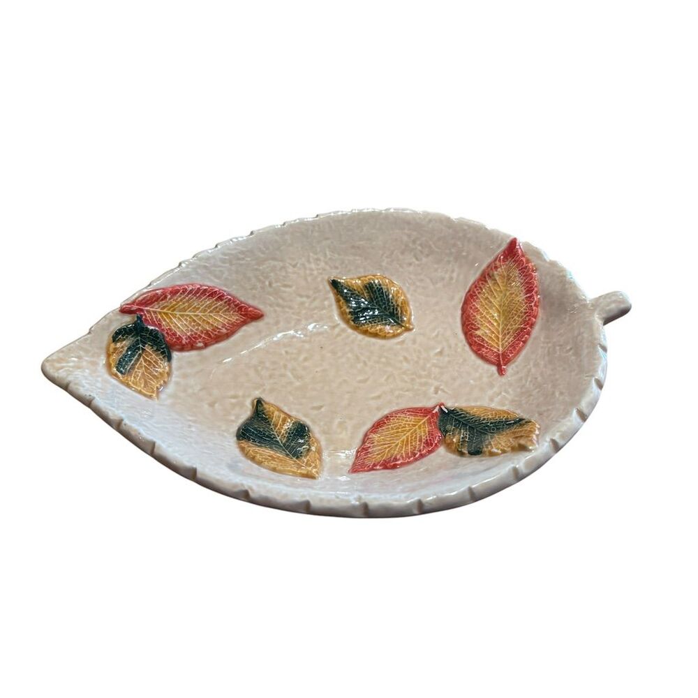 Vintage Long Rich Leaf Pattern Decorative Bowl Multicolor Ceramic